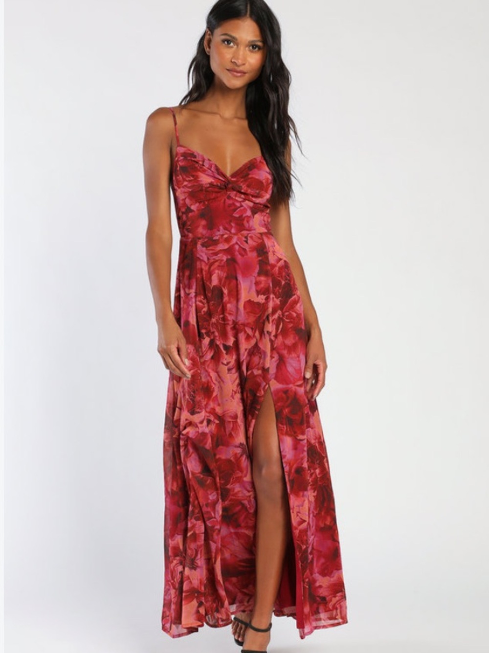New Lulus Floral Red Maxi Slip Dress with Thigh Slit Sz Small